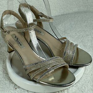 Nina Sandals Womens Sz 9 Gerri Slingback Silver Rhinestones 2.5 Inch Heels